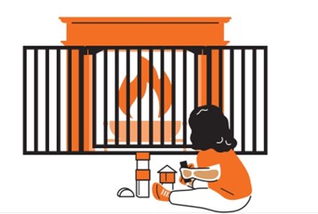 Child near a gated fireplace