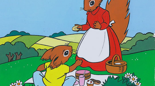 A cartoon drawing of RoSPA's Tufty the squirrel having a picnic