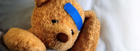 Brown teddy bear with plaster on his head