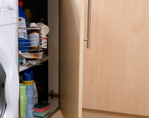 A picture of a kitchen cupboard with dangerous household products.