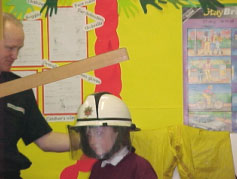 A student tests a helmet